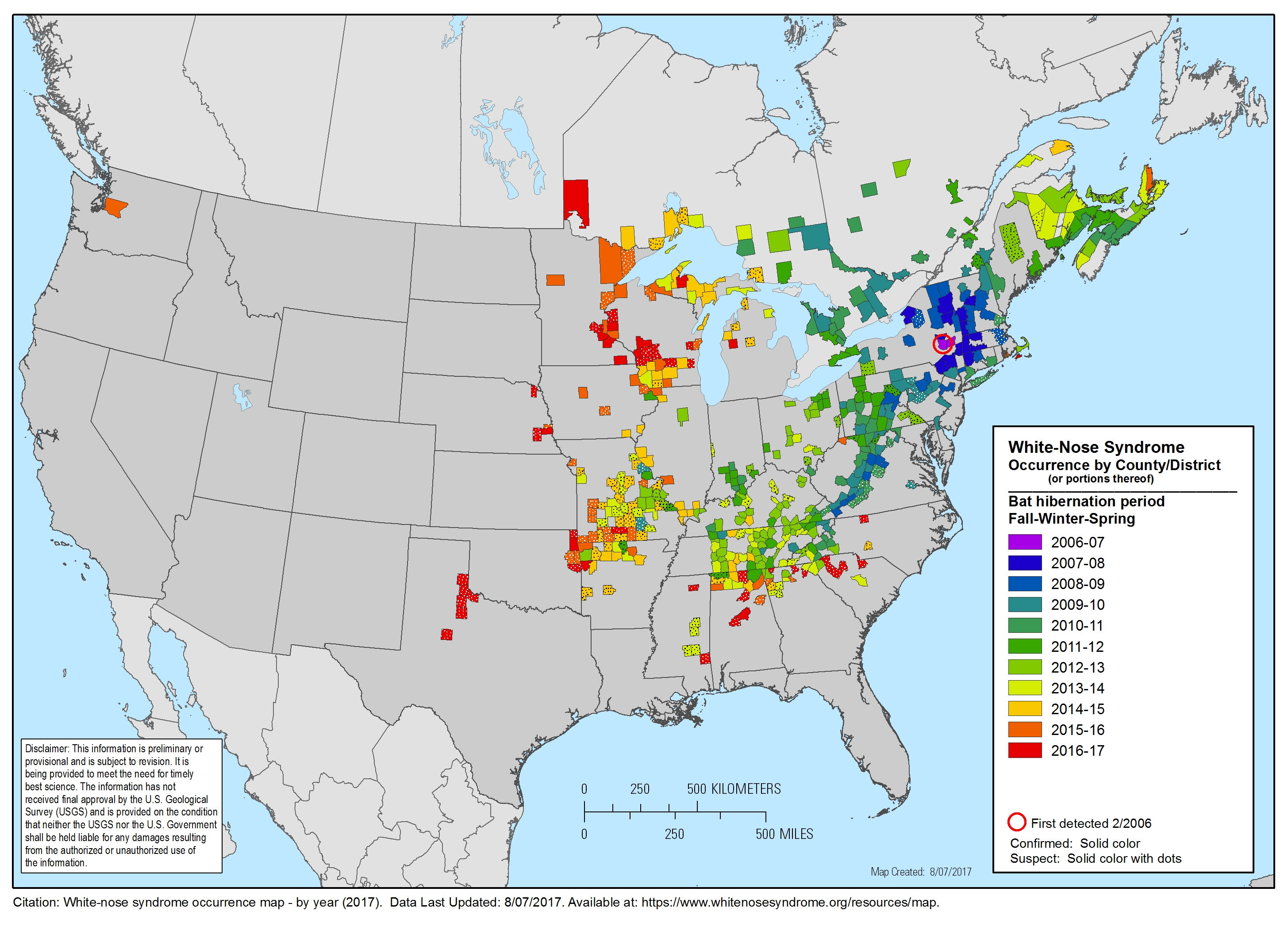 white nose syndrome map