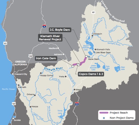 Map of Klamath Basin and dam removal project