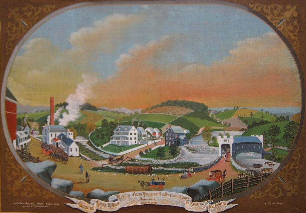 painting of farm, town and mill