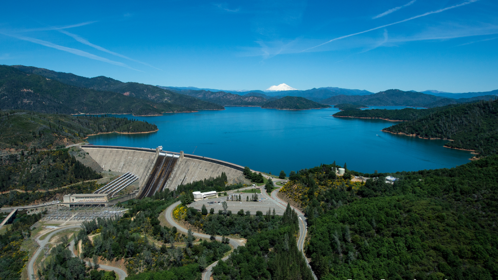 Aerial view of dam and lake