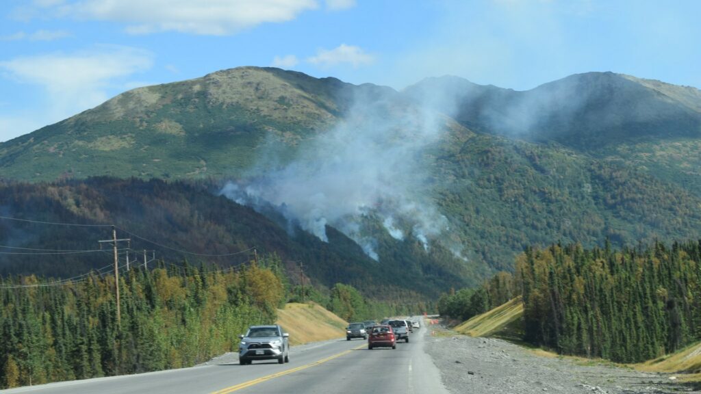 Wildfire burning near road