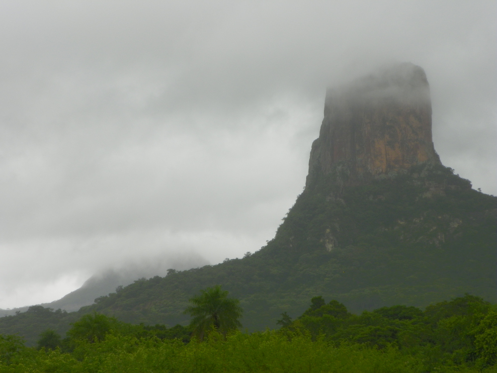 A landscape view under a grey, cloudy sky: tropical forest in the foreground going up to a rocky mountain peak