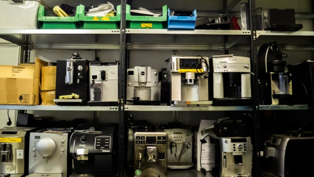 shelves of coffee machines and other small applicances