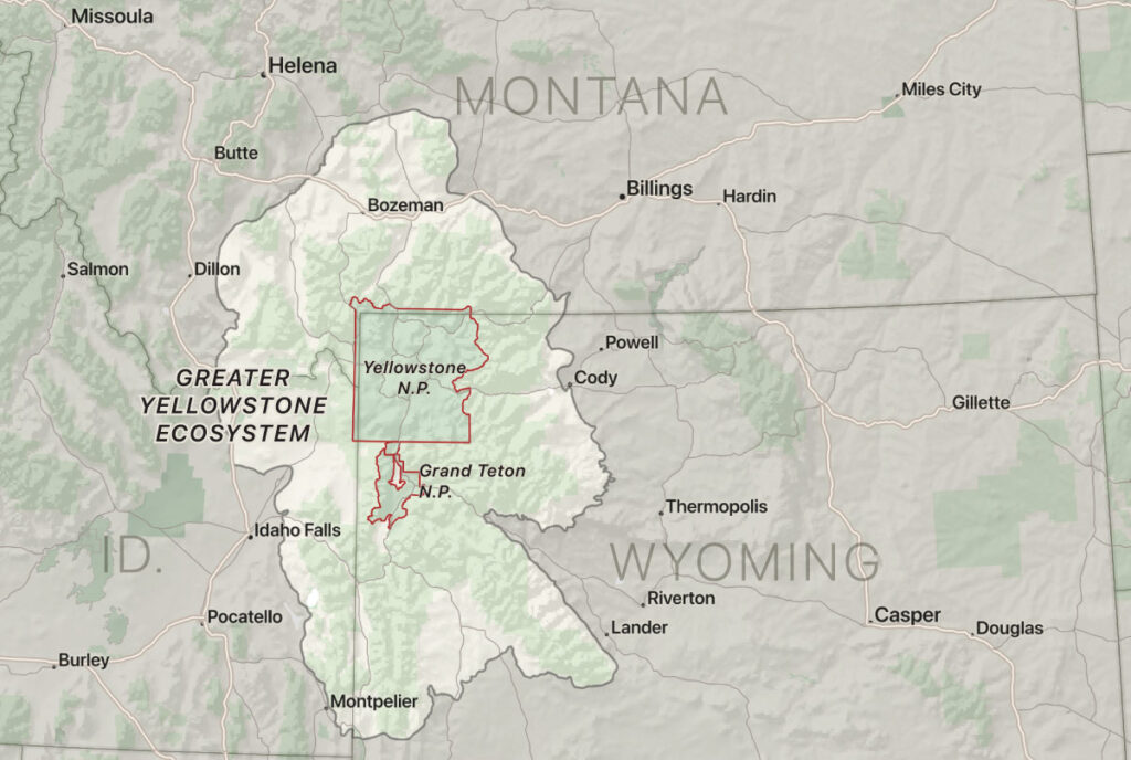 map showing Yellowstone National Park in the NW part of Wyoming