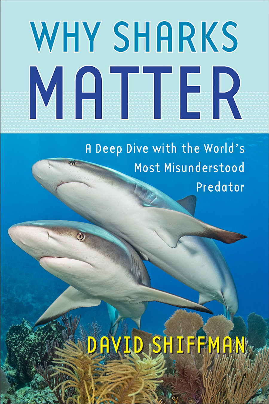 cover of book with two sharks swimming under water