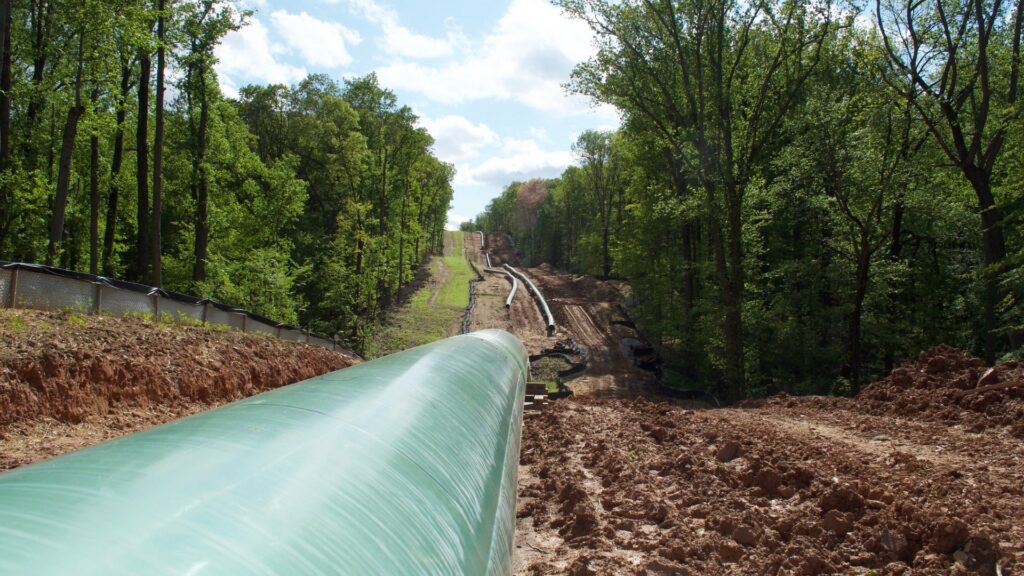 Pipeline sits in clearing of dirt with trees on the sides