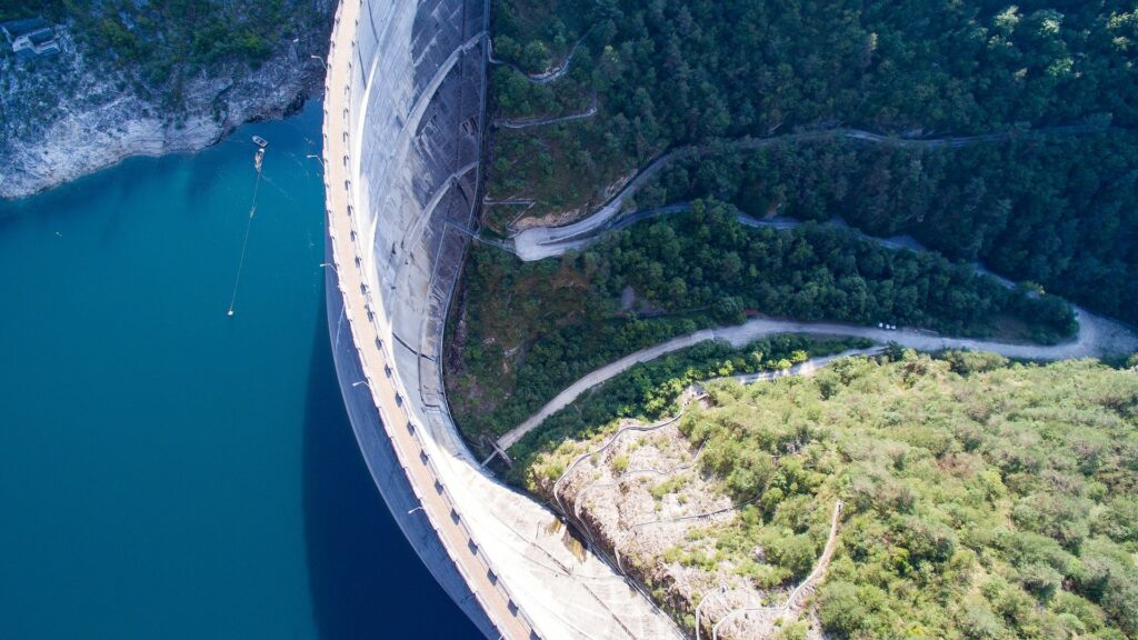 Aerial view of dam wall.