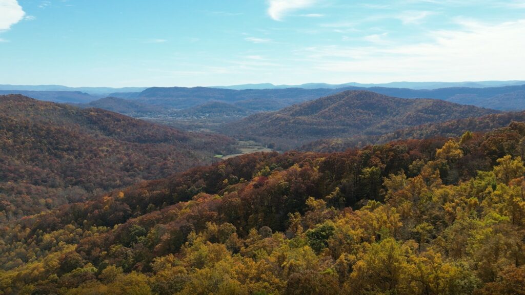 Long view of mountains with yellow, red and brown leaves on trees