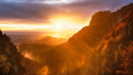 Sunrise over wooded mountains