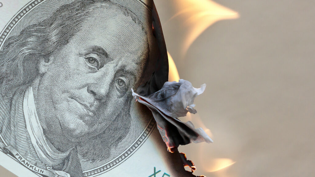 Close up of money burning.