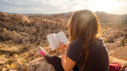 A woman reads a book overlooking a rocky Canyon