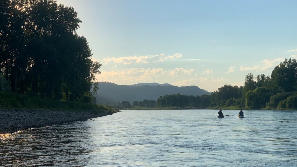Two kayakers on a wide flat river with mountains in the background and trees along the bank.