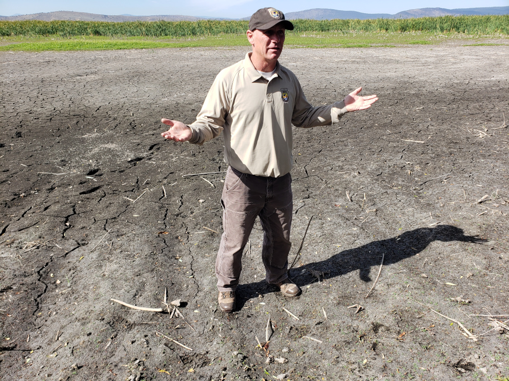 A man in a baseball cap stands on cracked, dry ground