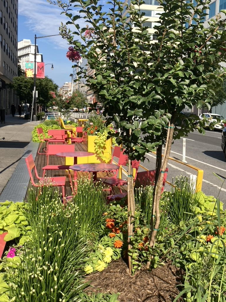 A brightly-colored block-long parklet has pink and yellow seating and tables, a protected bike lane and bike racks, and large planters with pollinators plants and a tree. 