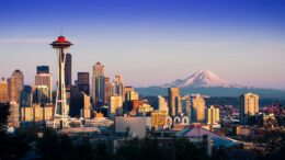 Seattle skyline with Mount Rainier in background.