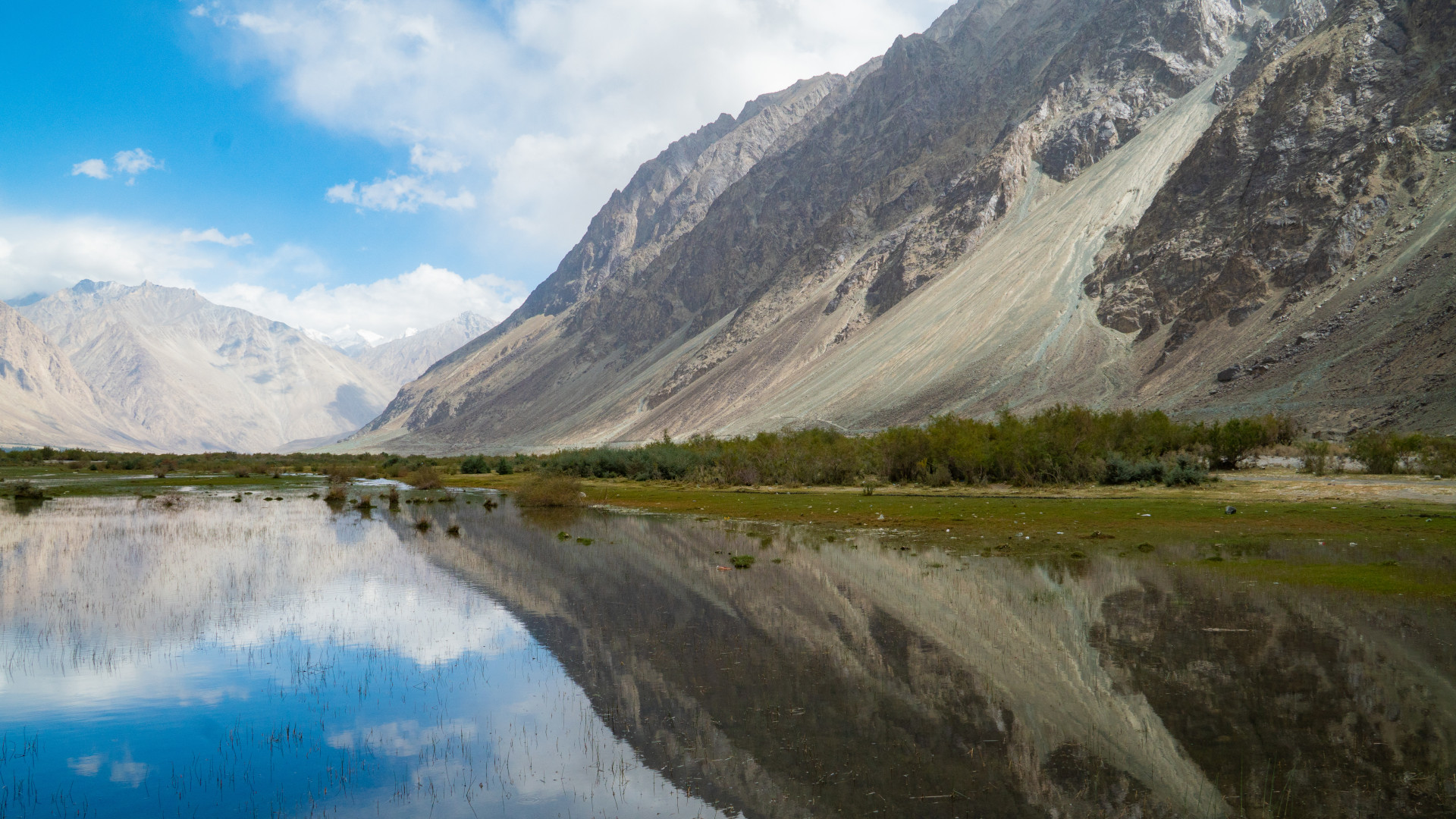 Mountains reflected on a glass-like glacial lake