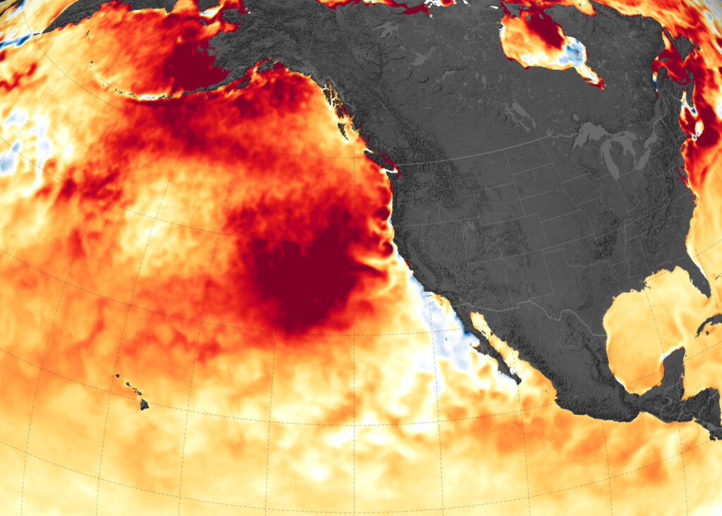 Map showing red ocean temperatures in the northern Pacific Ocean.