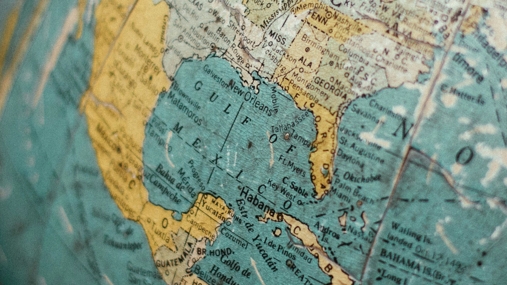 A close-up of the Gulf of Mexico on an old globe