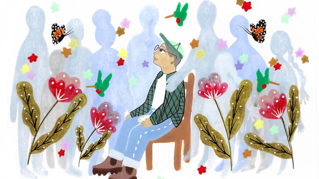 A drawing of a person sitting surrounded by flowers, butterflies, and hummingbirds