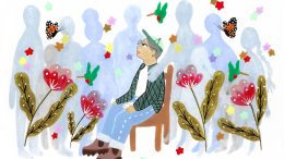 A drawing of a person sitting surrounded by flowers, butterflies, and hummingbirds