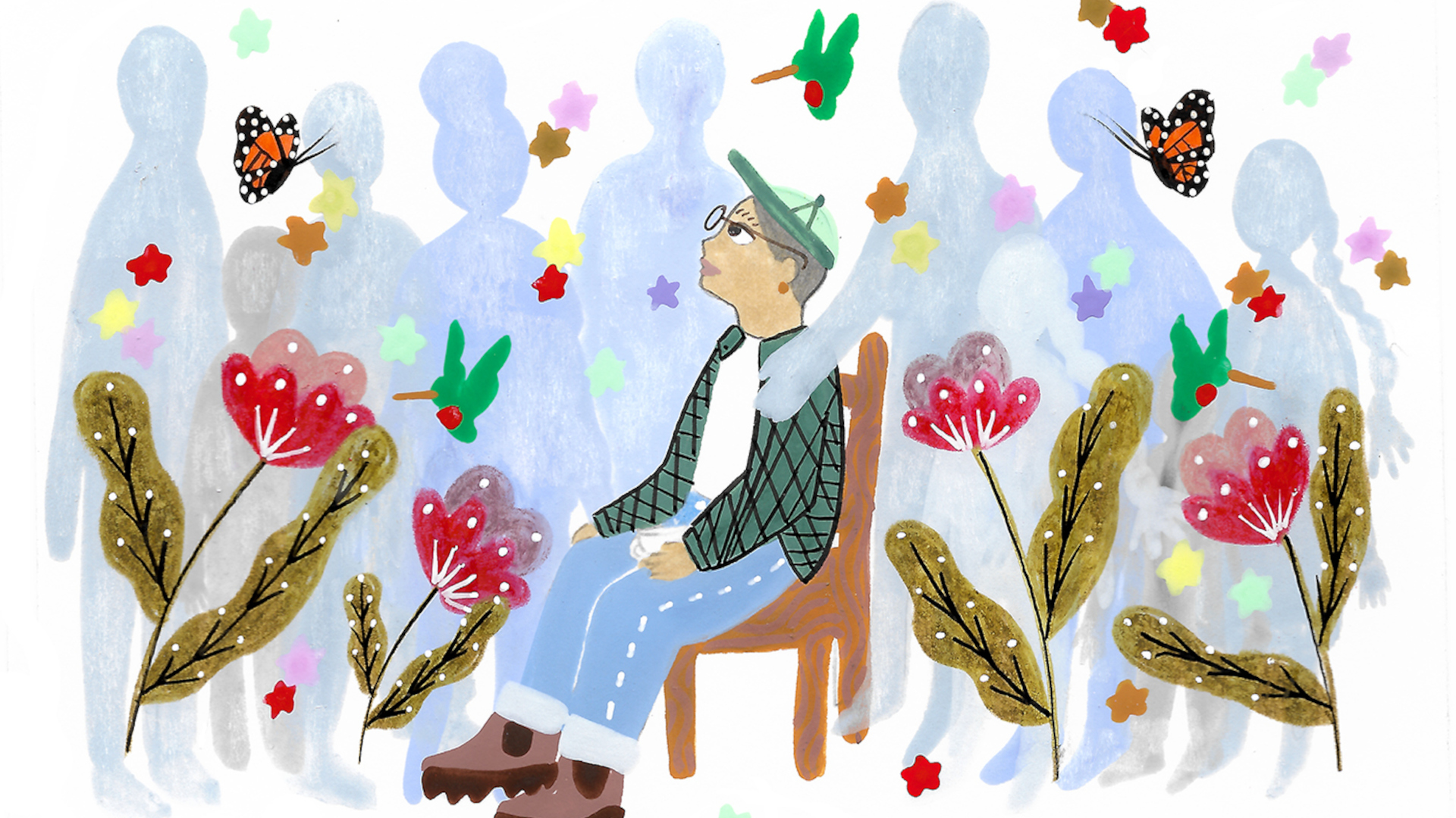 A drawing of a person sitting surrounded by flowers, butterflies, and hummingbirds